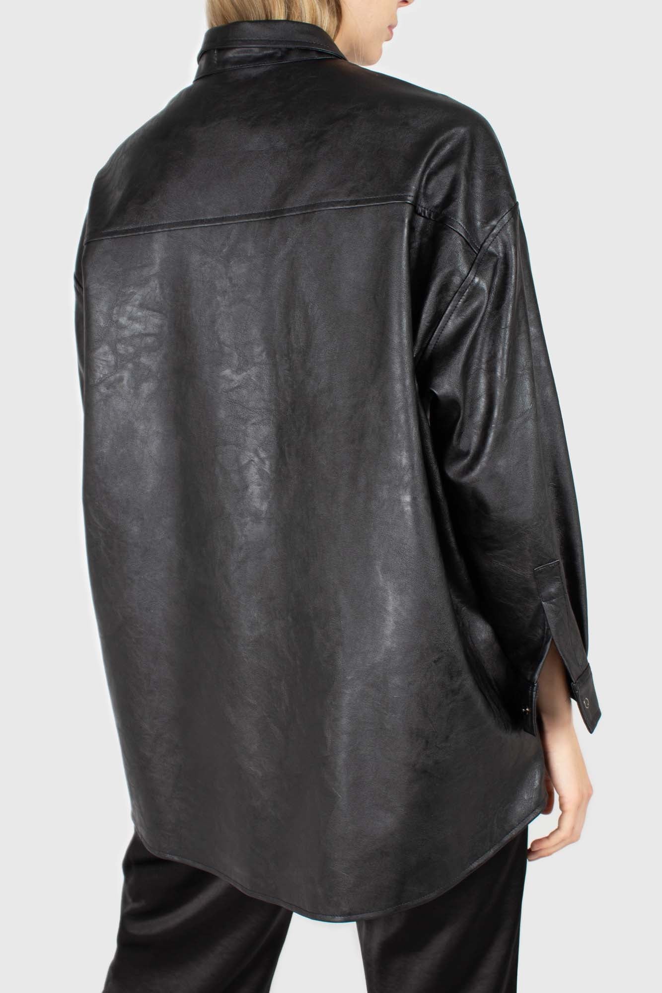 Black vegan leather belted shirt jacket