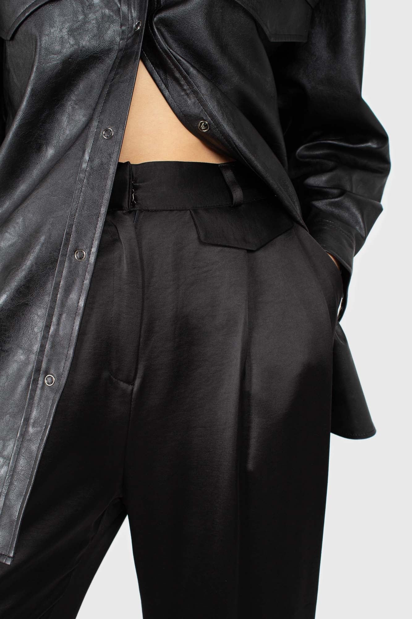 Black vegan leather belted shirt jacket