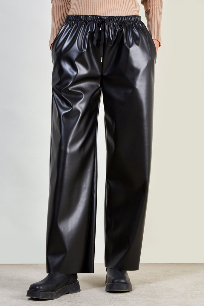 Black vegan leather drawstring trousers_1