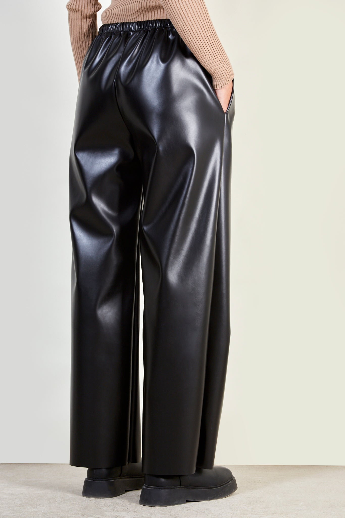 Black vegan leather drawstring trousers