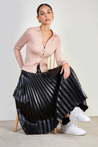 Black vegan leather long pleated skirt_5