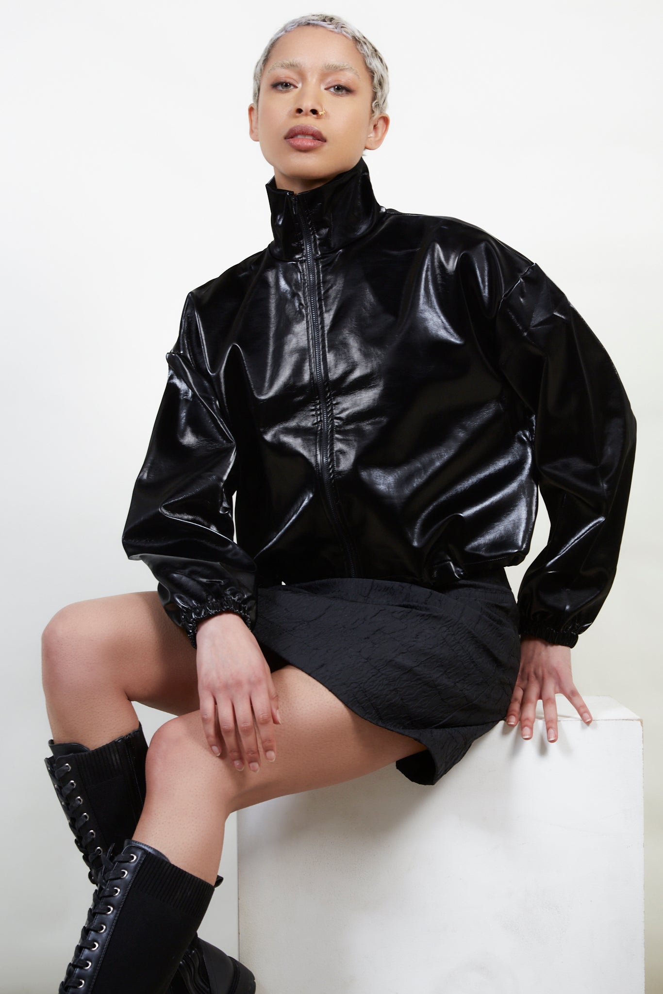 Black vegan leather puffer jacket_1