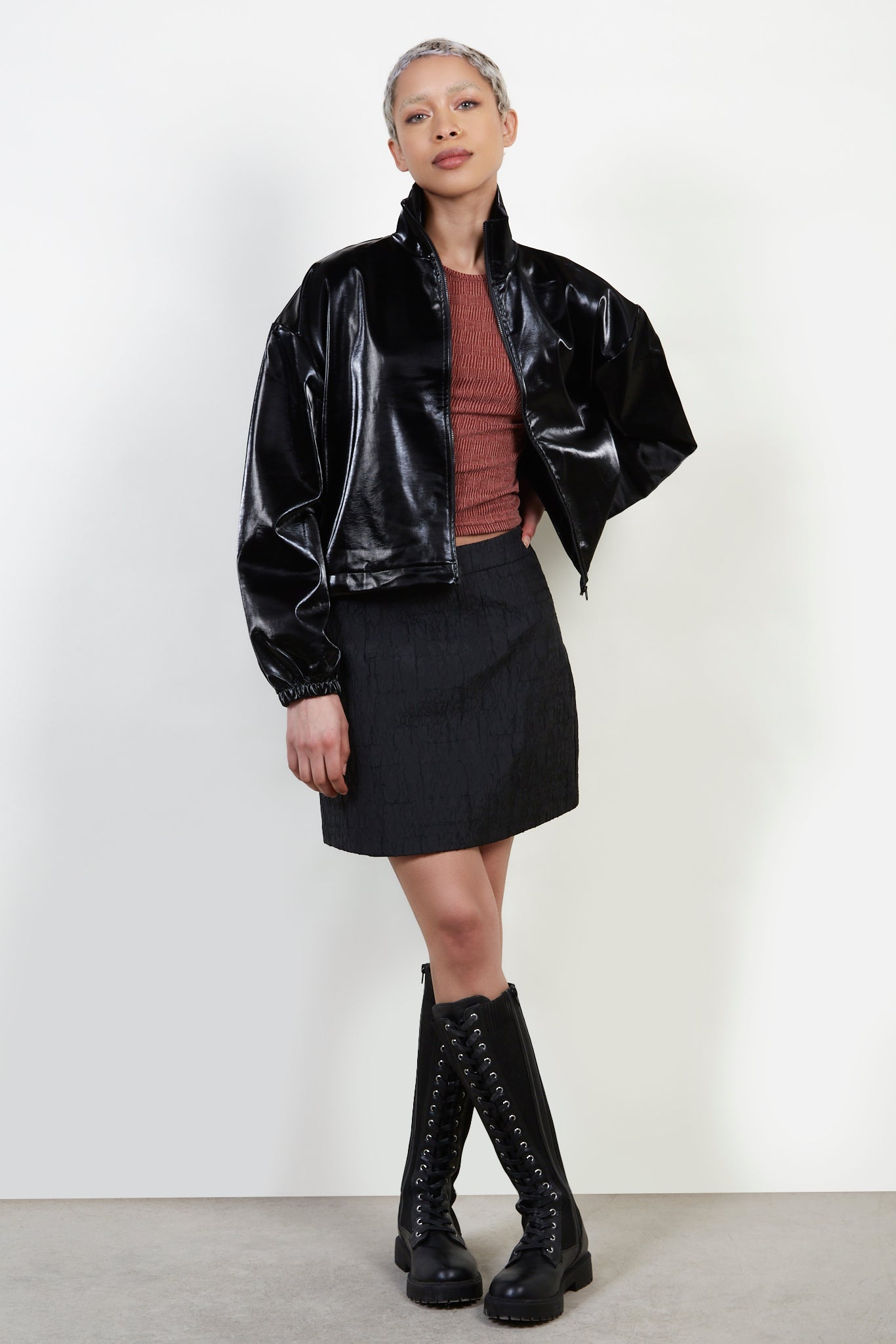 Black vegan leather puffer jacket_6