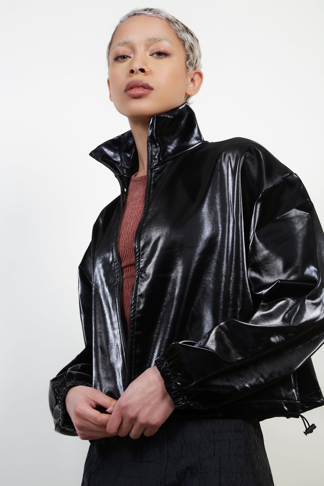 Black vegan leather puffer jacket_4