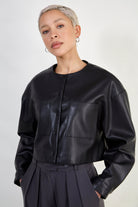 Black vegan leather round collar cropped jacket_1