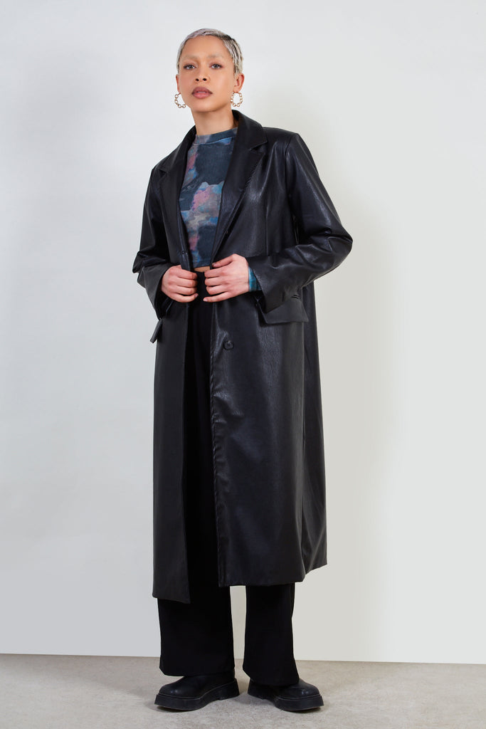 Black vegan leather tailored coat_1