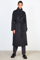 Black wool blend double breasted funnel neck coat_1