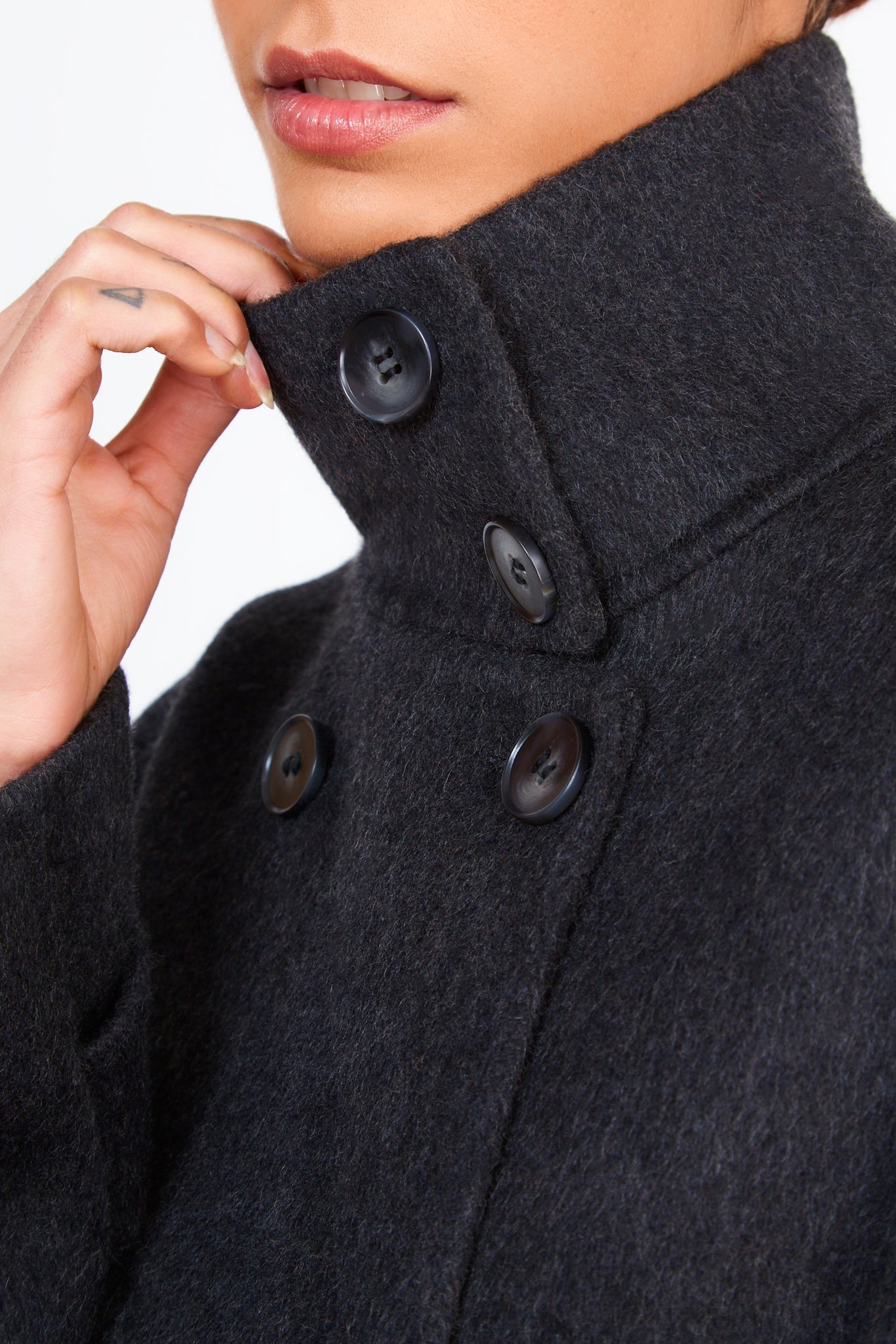 Black wool blend double breasted funnel neck coat_5
