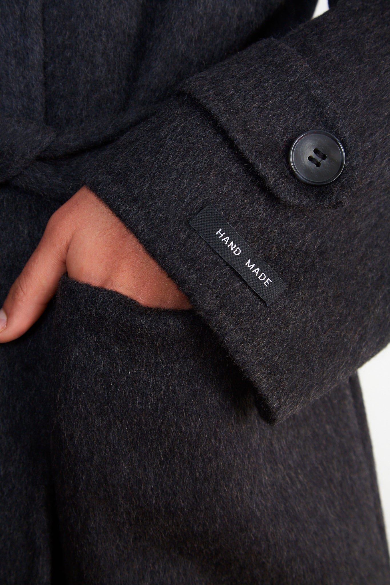 Black wool blend double breasted funnel neck coat_6