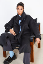 Black wool blend double breasted funnel neck coat_7