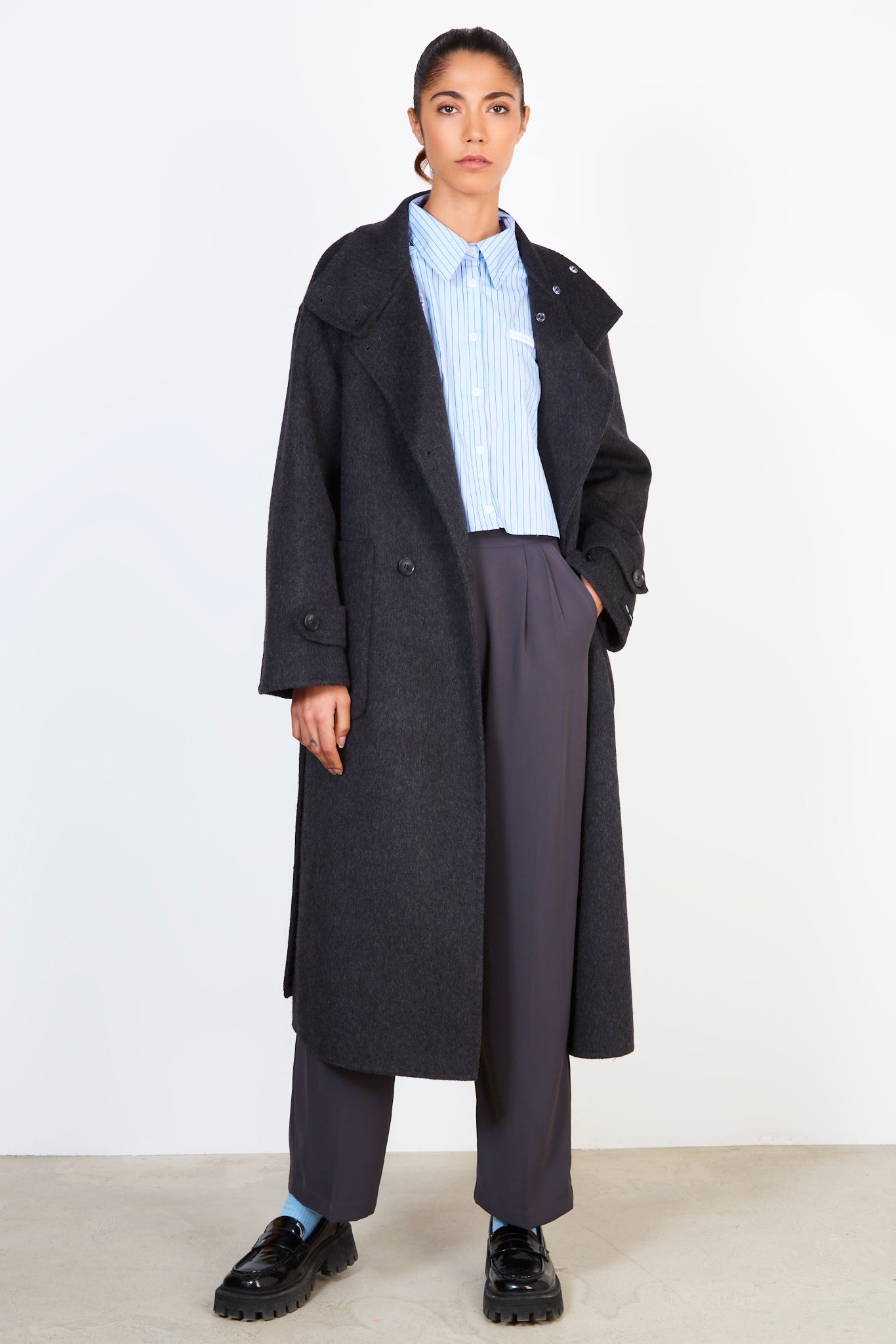 Black wool blend double breasted funnel neck coat_2