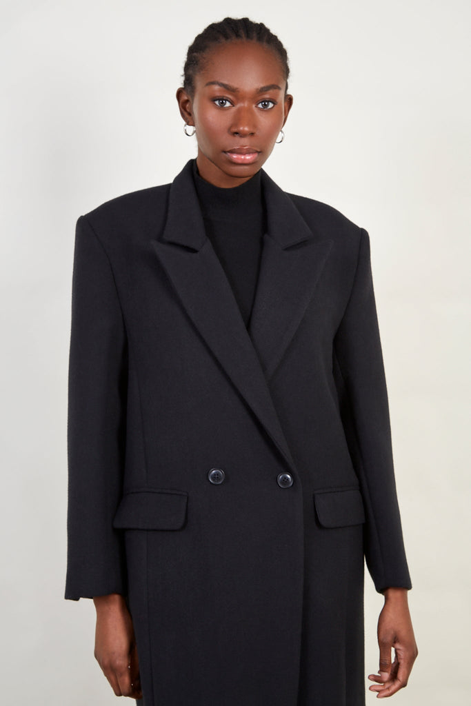 Black wool blend double breasted smart coat_4