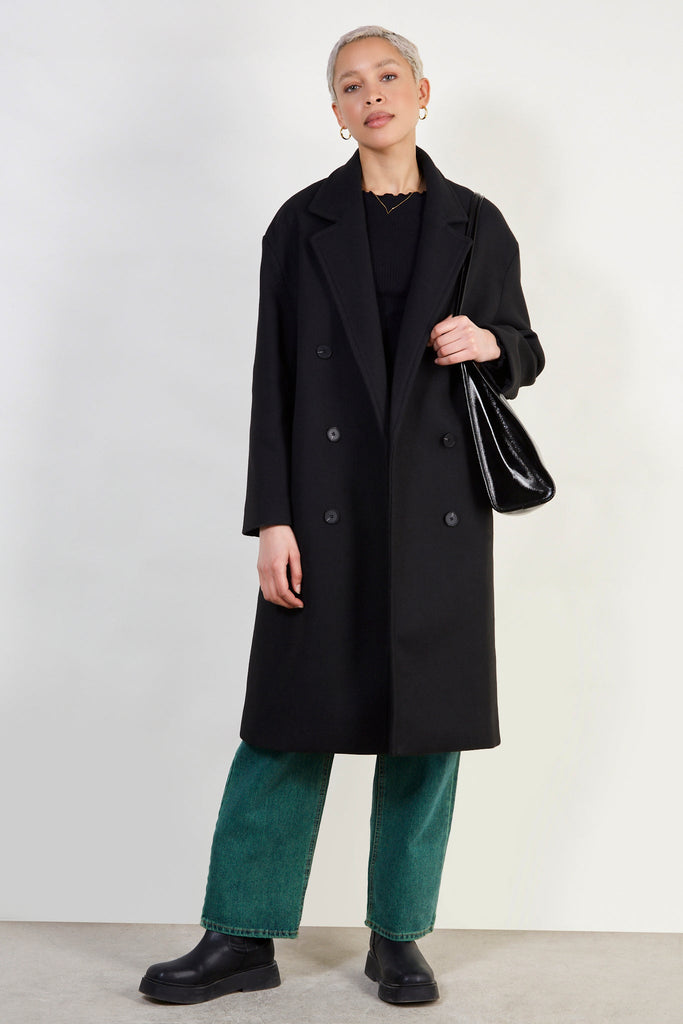 Black wool blend double breast tailored coat_1