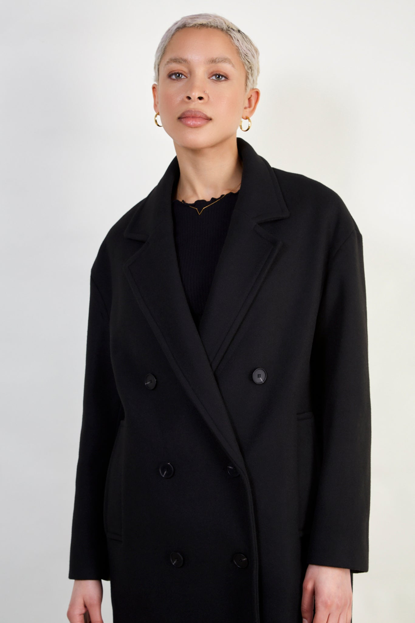 Black wool blend double breast tailored coat