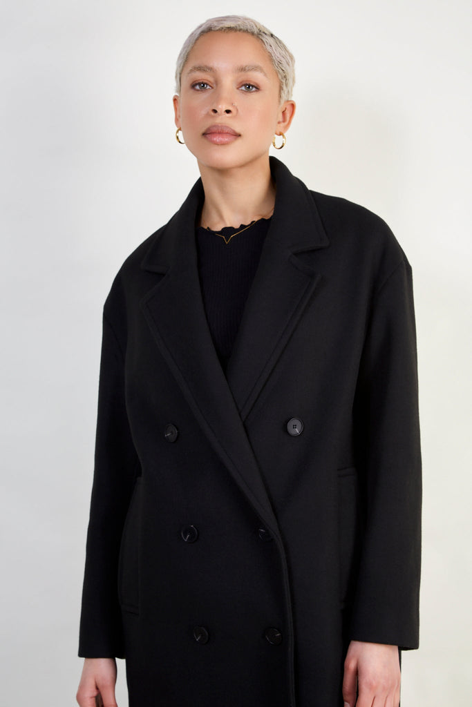 Black wool blend double breast tailored coat_4