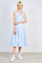 Blue and white striped plunging V back dress_1