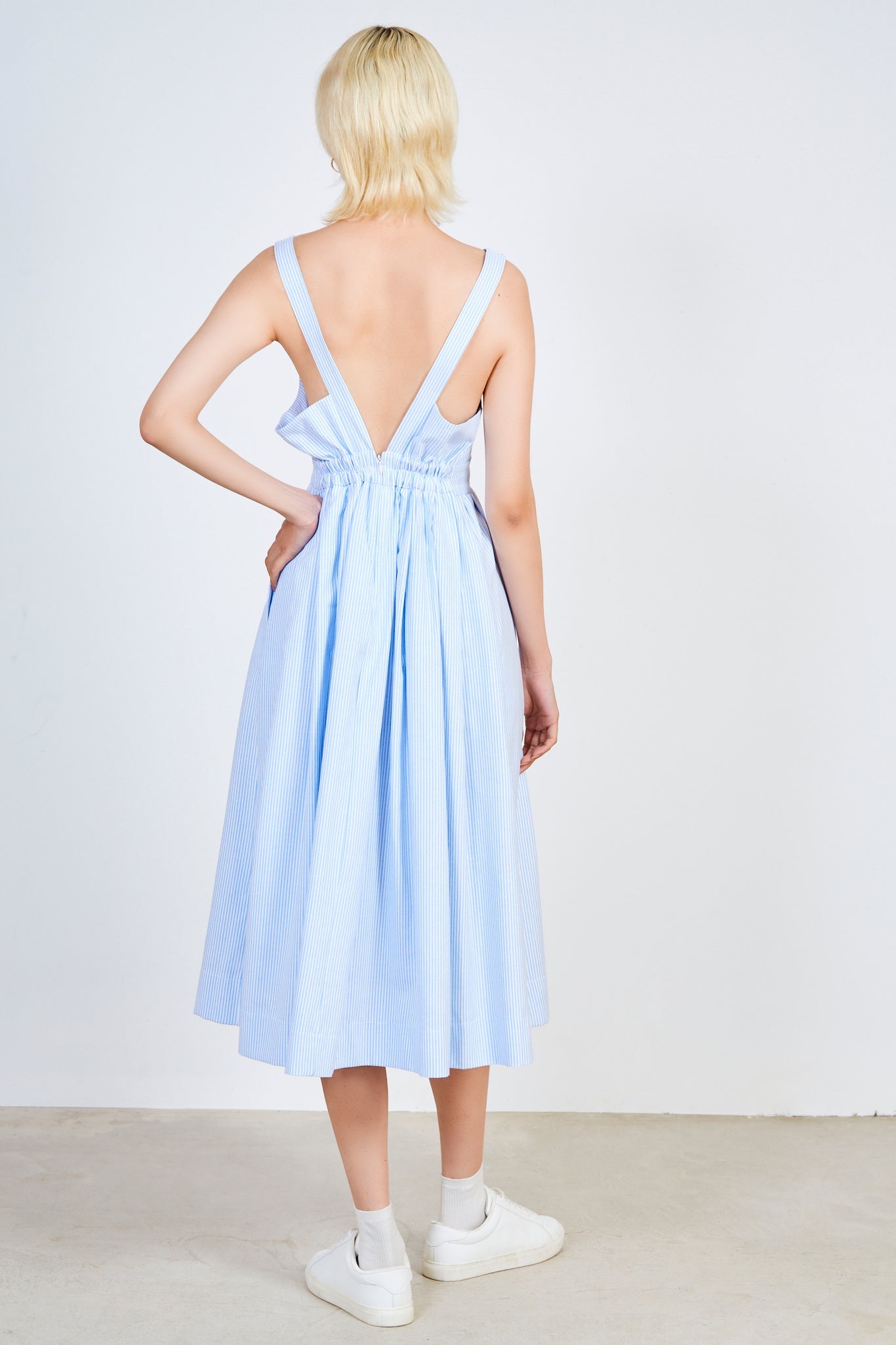 Blue and white striped plunging V back dress_2
