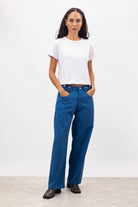 Blue adjustable waist double button jeans_4