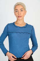 Blue and black horizontal trim long sleeved top_1