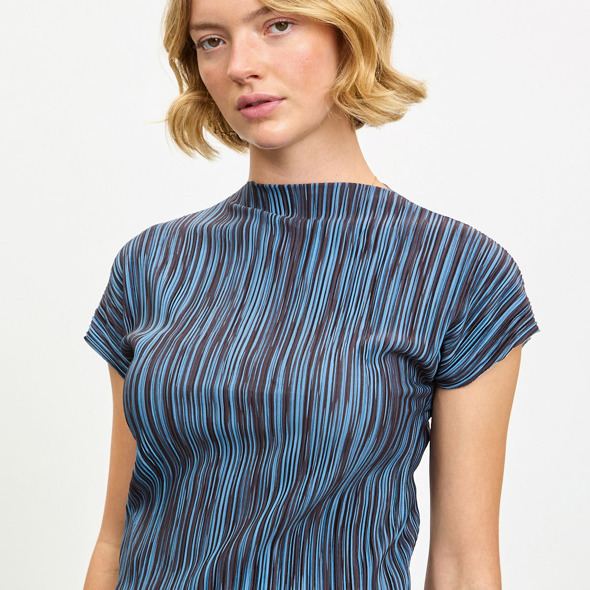 Blue and grey micro ribbed pleated top | Glassworks London