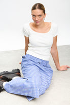 Blue and ivory plaid frill waist skirt_5