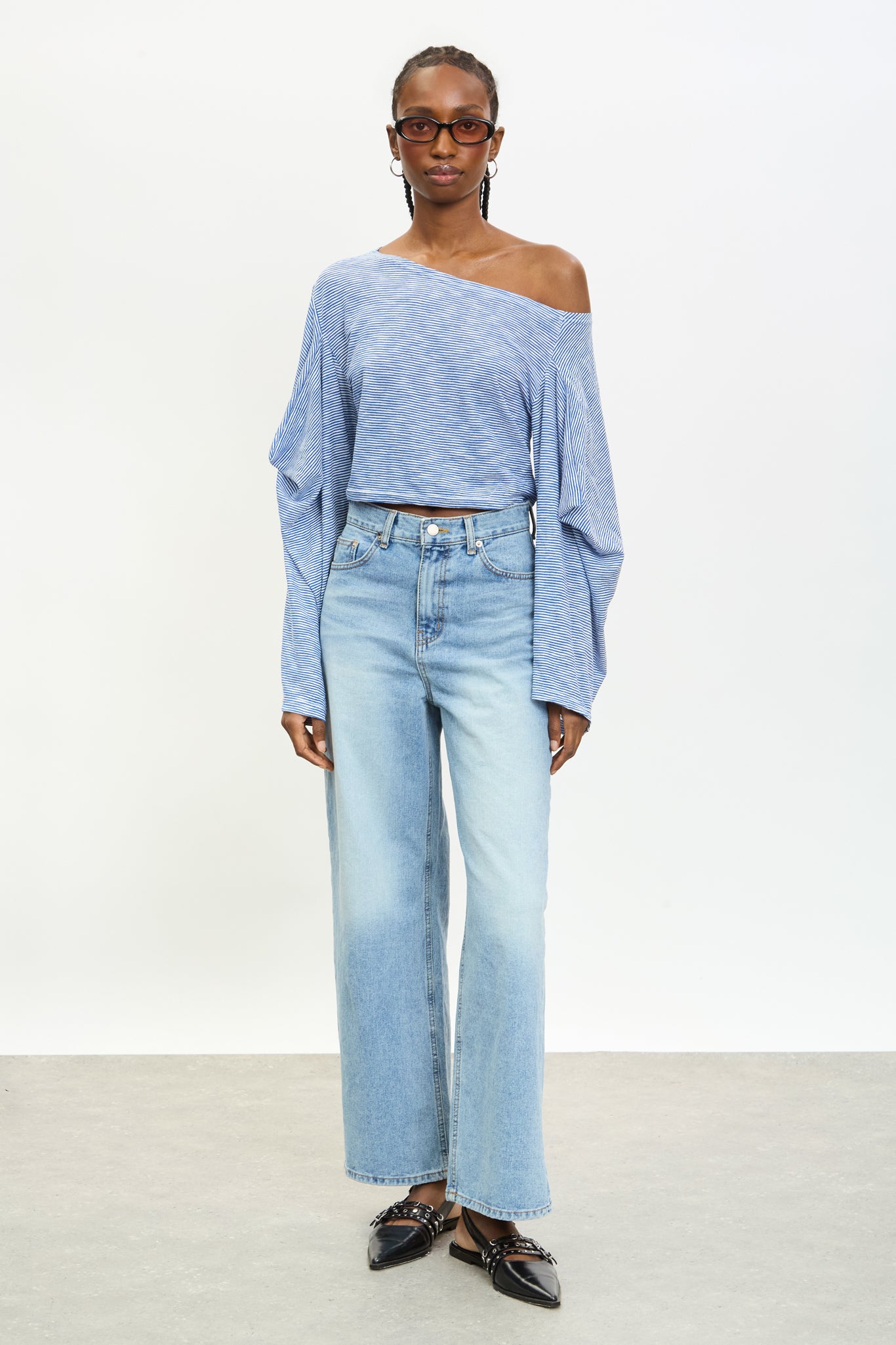 Blue and ivory striped off shoulder slouchy top_3