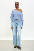 Blue and ivory striped off shoulder slouchy top_3