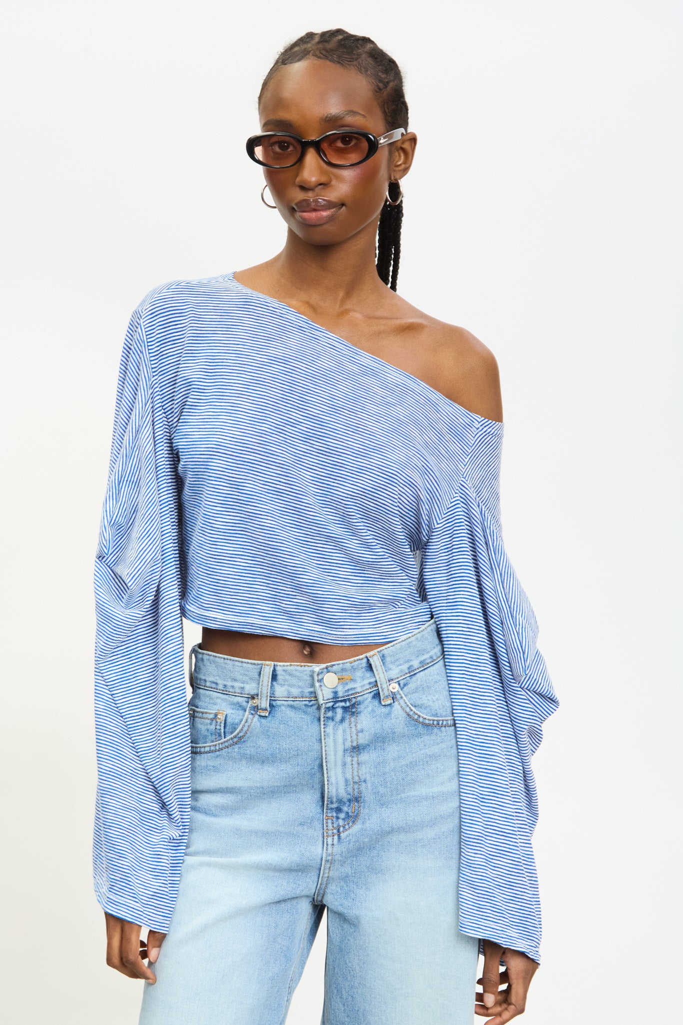 Blue and ivory striped off shoulder slouchy top_1