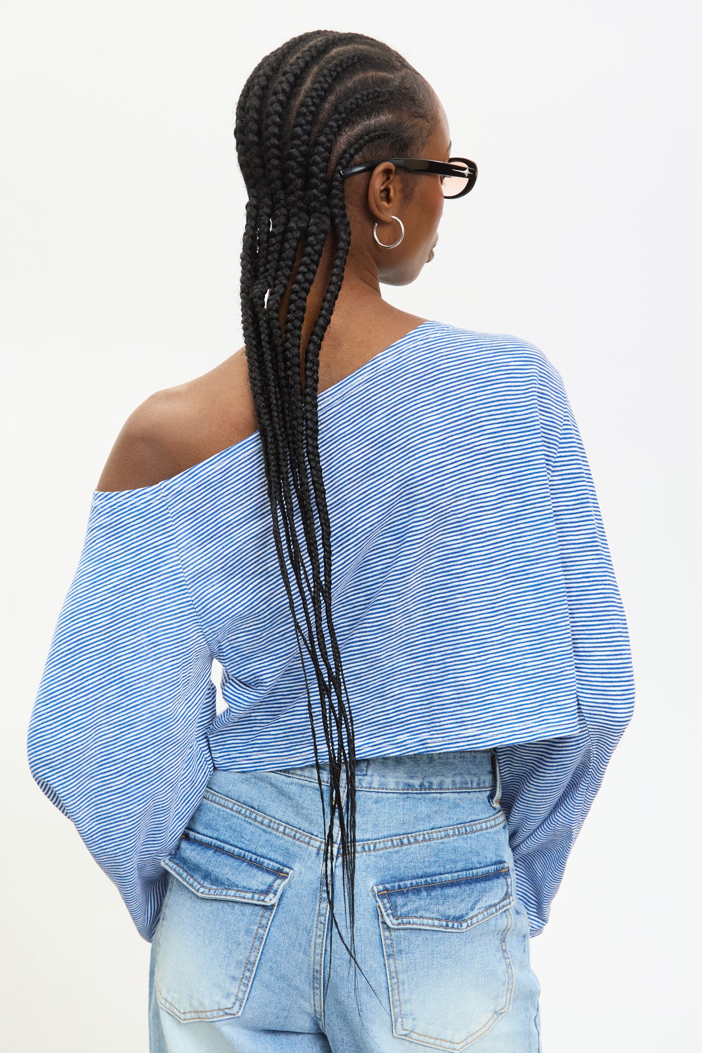 Blue and ivory striped off shoulder slouchy top_2