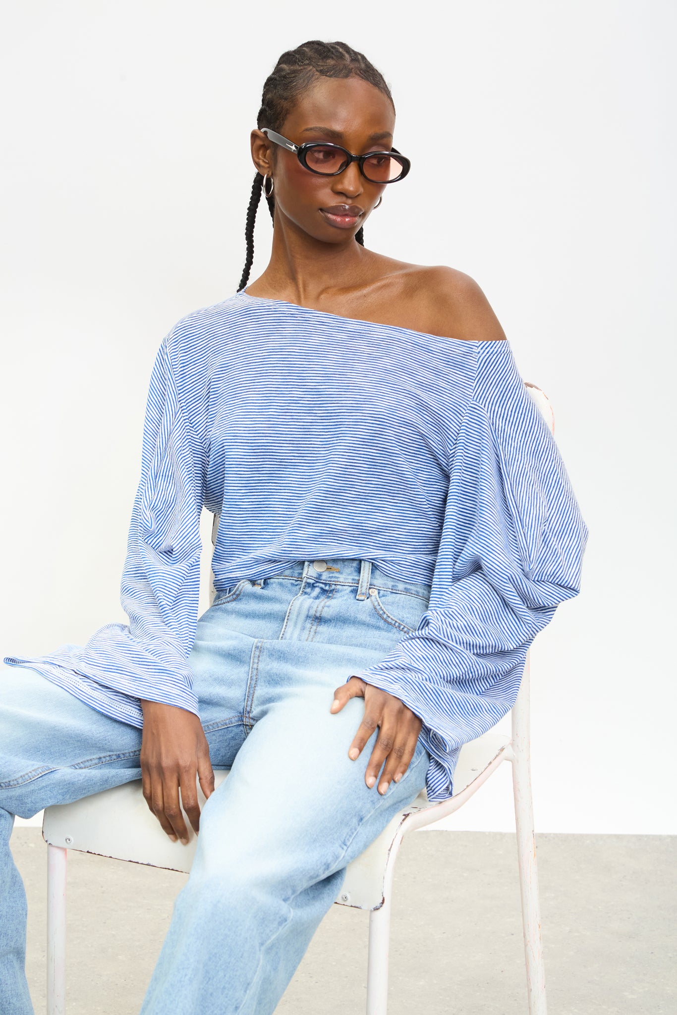 Blue and ivory striped off shoulder slouchy top_5