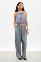 Blue and ivory vertical thin strap side cinch tank_4