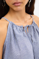 Blue and ivory vertical thin strap side cinch tank_3