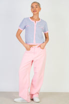 Blue and pink short sleeved mix knit cardigan_4