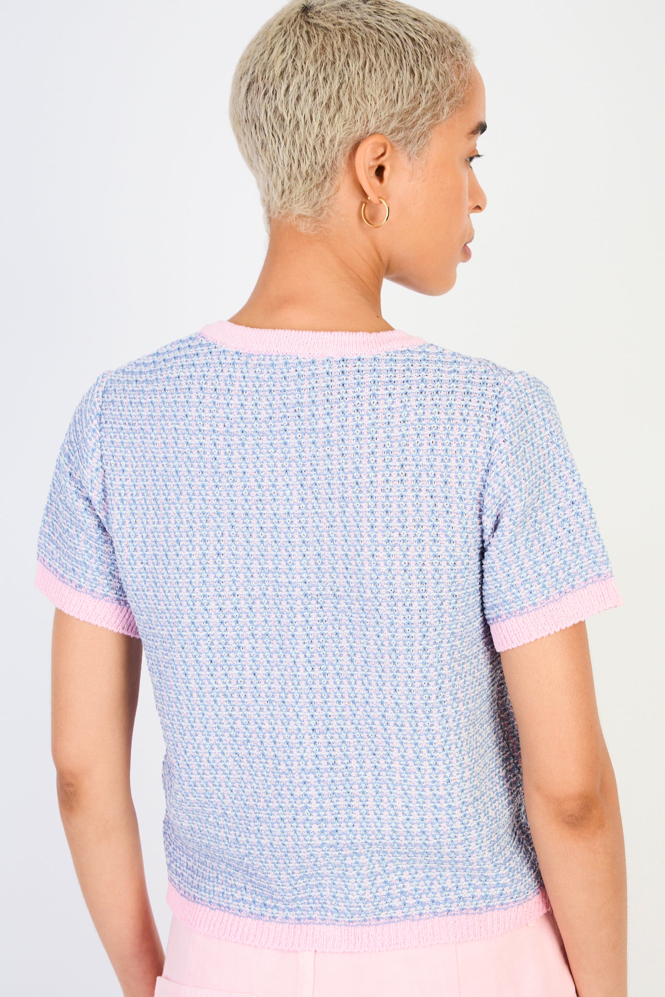 Blue and pink short sleeved mix knit cardigan_2
