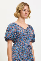 Blue and pink tiny rose print puff sleeve midi dress_3