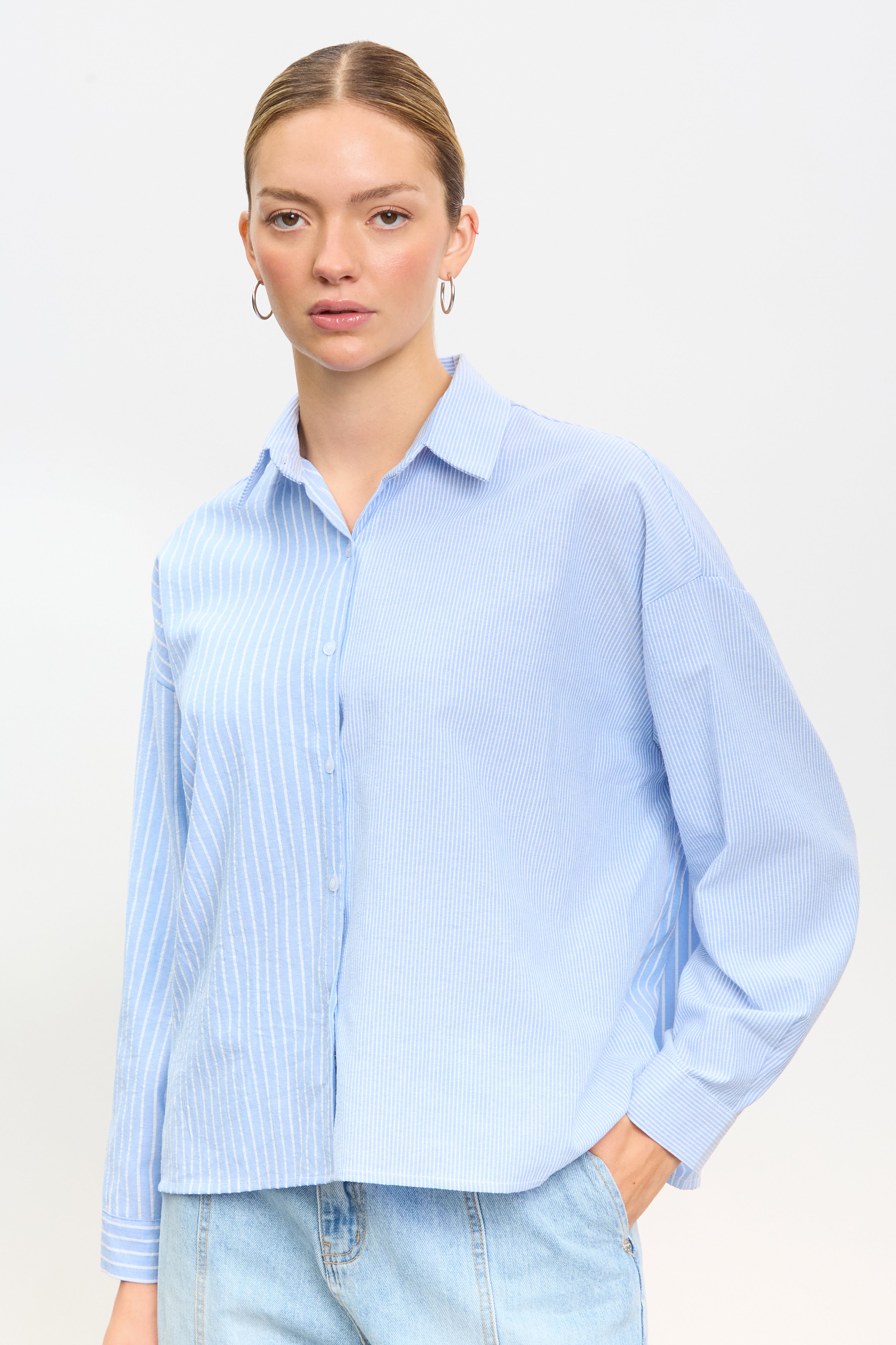 Blue and white multi striped shirt_1