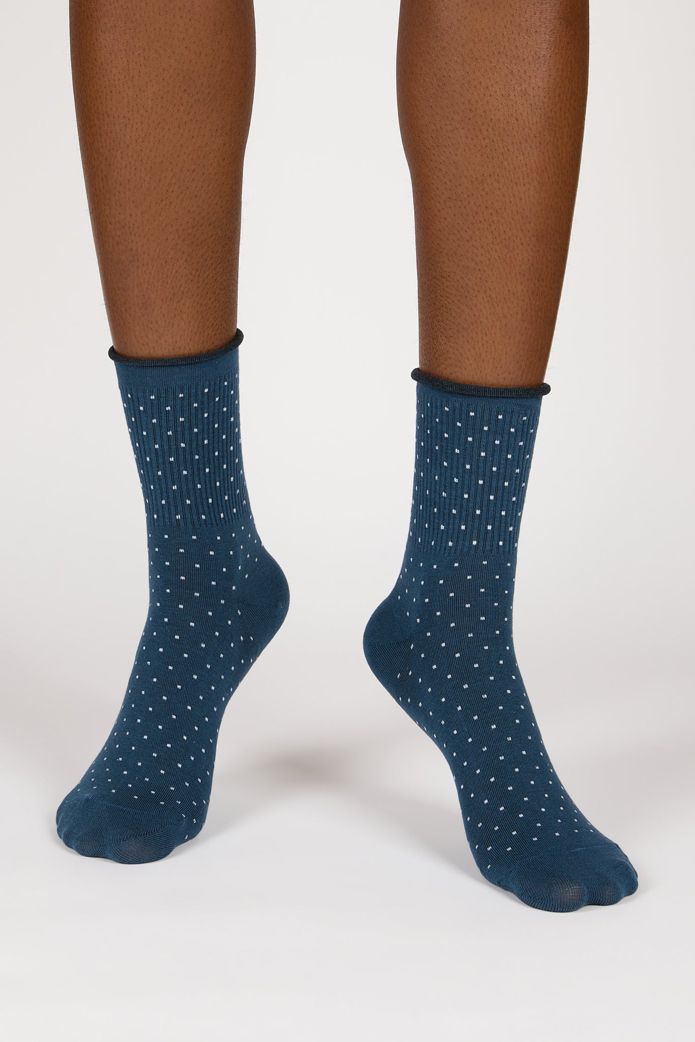 Blue and white polka dot roll trim socks_2