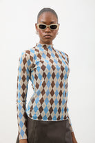 Blue brown and ivory argyle sheer long sleeve top_2