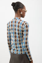 Blue brown and ivory argyle sheer long sleeve top_3