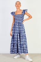Blue checked ruched bodice tiered dress_1