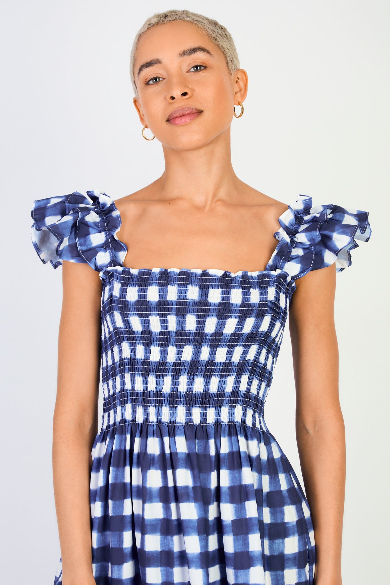 Blue checked ruched bodice tiered dress_3