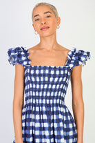 Blue checked ruched bodice tiered dress_3