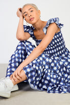 Blue checked ruched bodice tiered dress_5