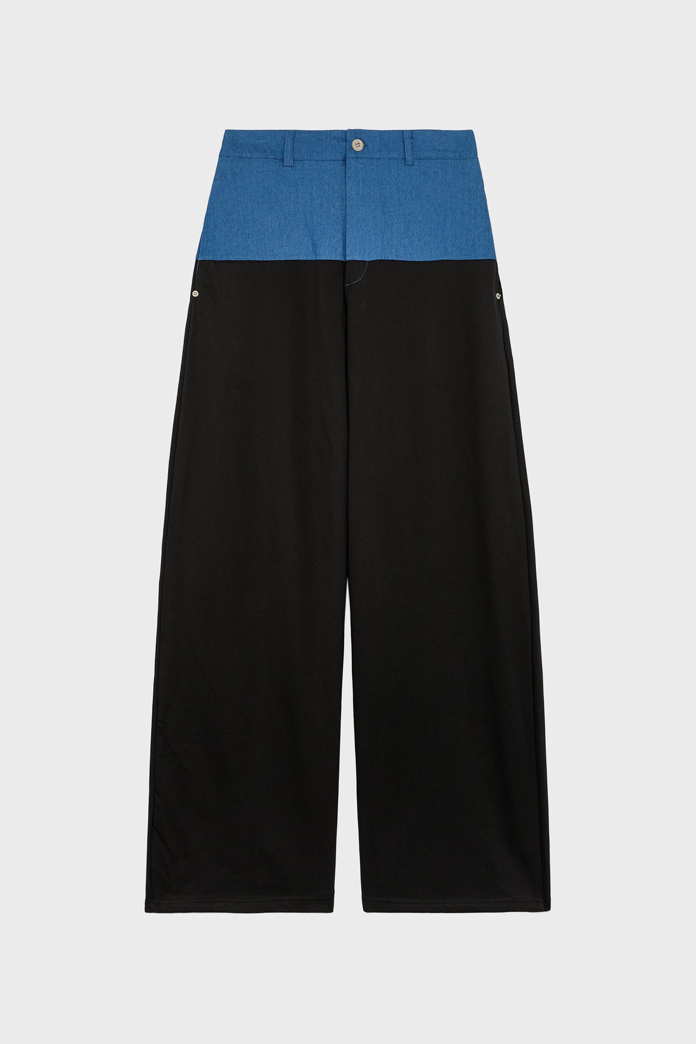 Blue denim and black jersey trousers_1