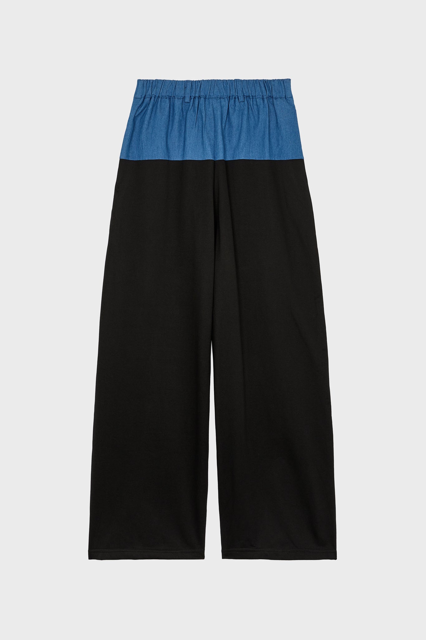 Blue denim and black jersey trousers_2
