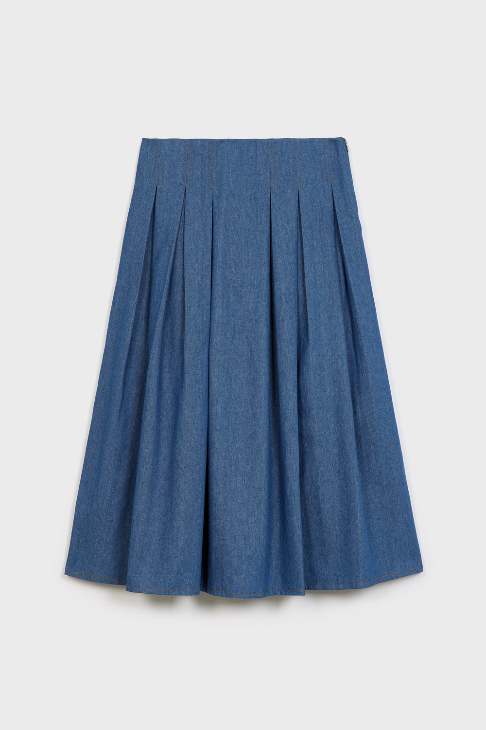 Blue denim contrast stitch box pleat skirt_6