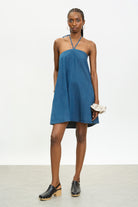 Blue denim halter neck mini dress_1