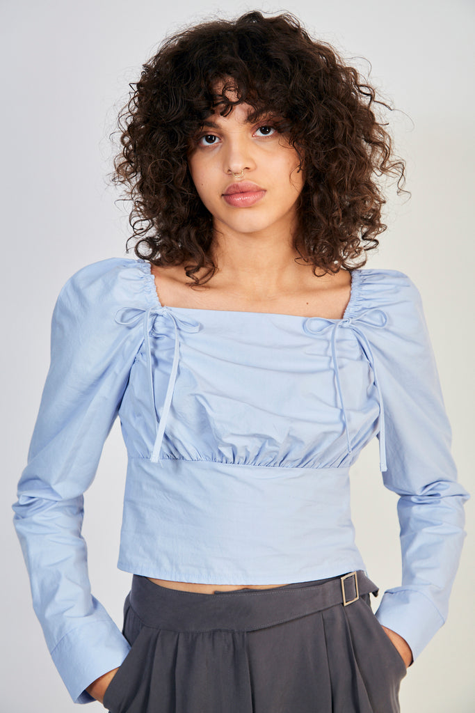 Blue double bow front sleeve fitted bodice blouse_1