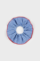 Blue gingham and red trim scrunchie_1