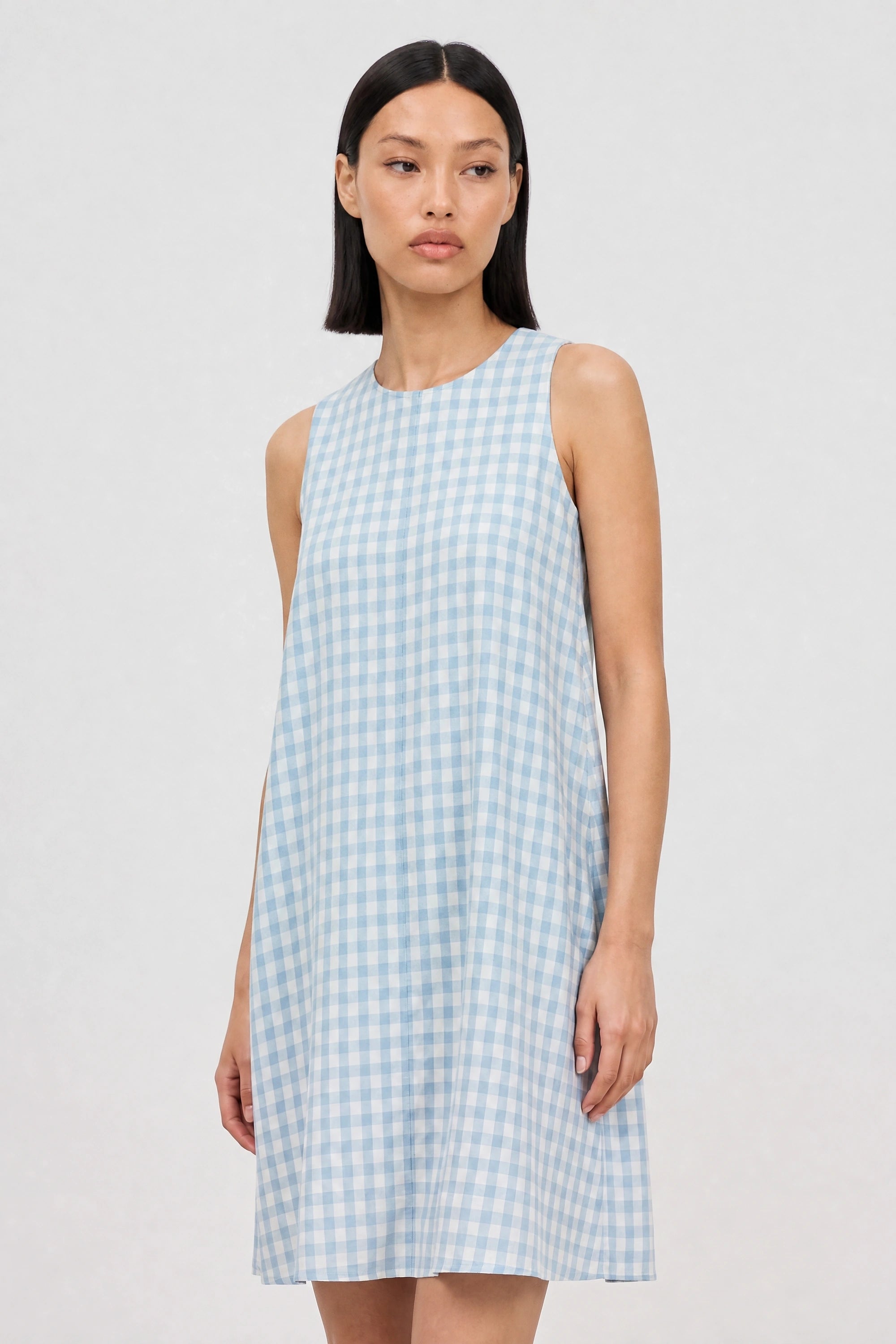 Blue large gingham checked side pocket dress_3